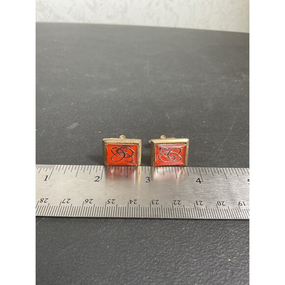Vintage Gold Tone & Red Enamel Square Cufflinks With Knotted Design - Picture 2 of 4